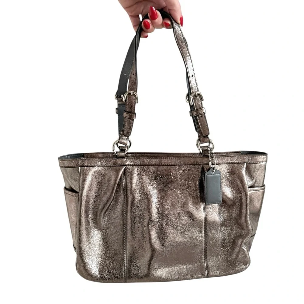 COACH Gallery East West Tote Metallic Leather Shoulder Bag Shimmering Bronze